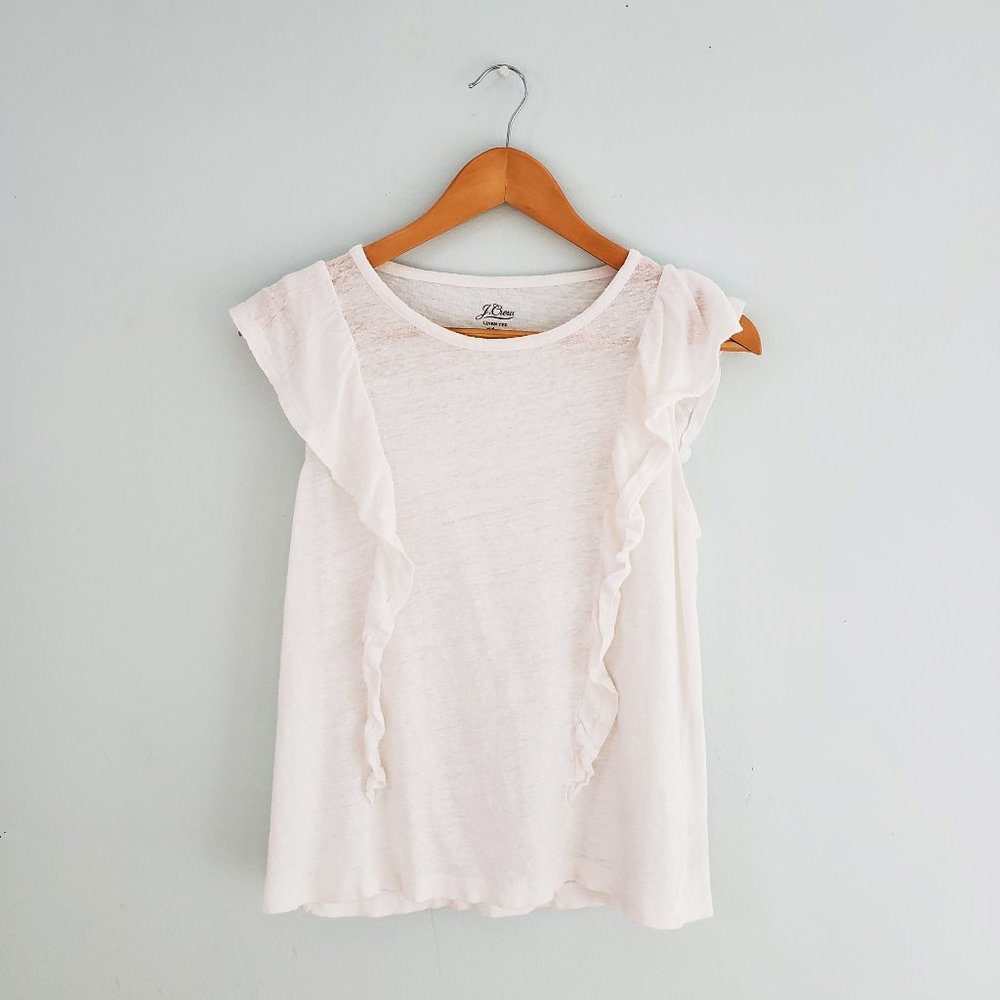 J. Crew White Ruffle Tank Tee Shirt in Linen